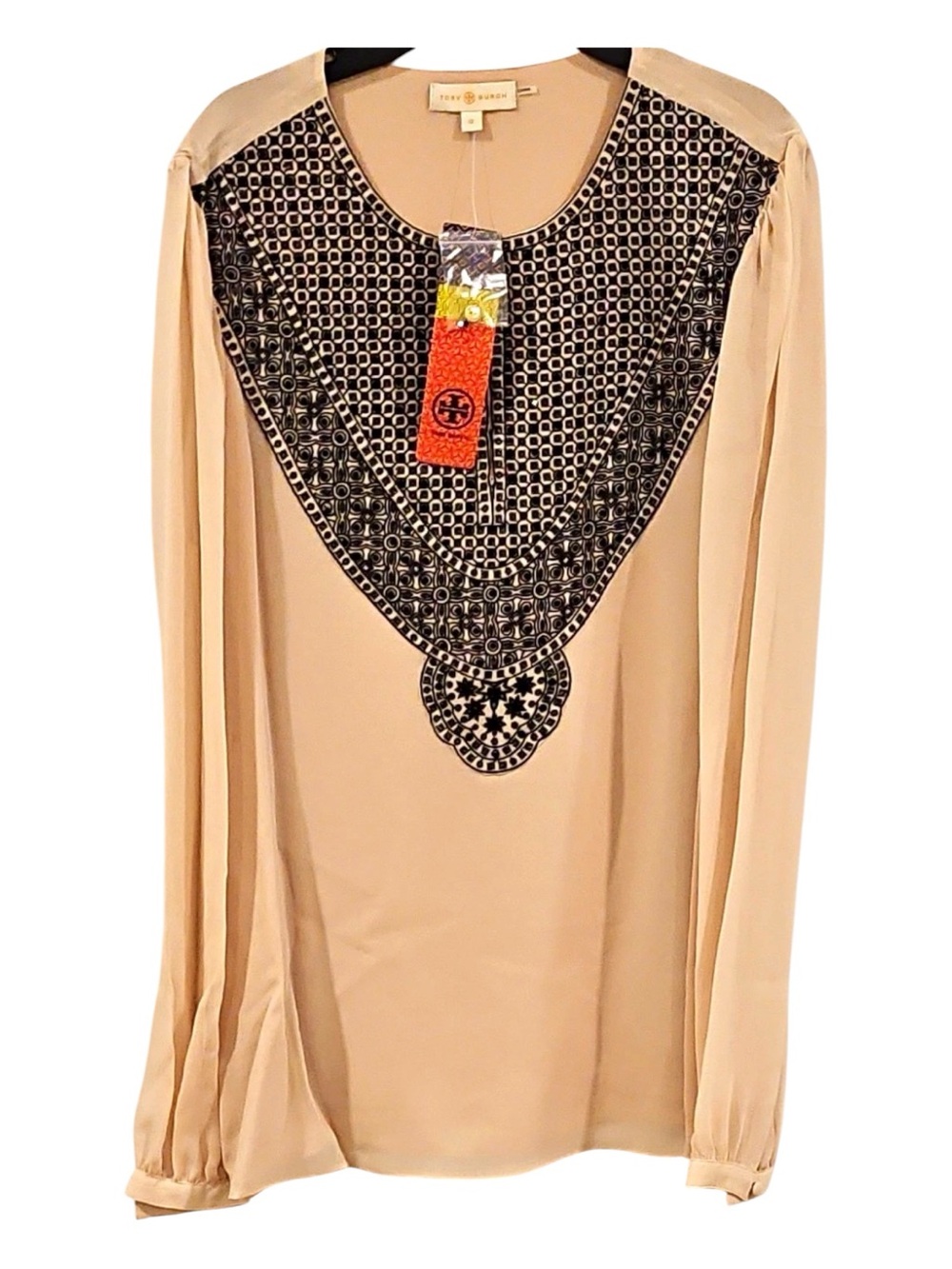NWT Tory Burch Blush Champagne Reese Tunic w Black Embroidered Yoke Sz 12